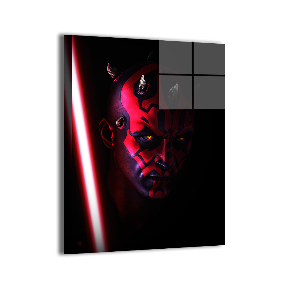 Darth Maul red-lit portrait by Richard Williams; modern metallic sheen.