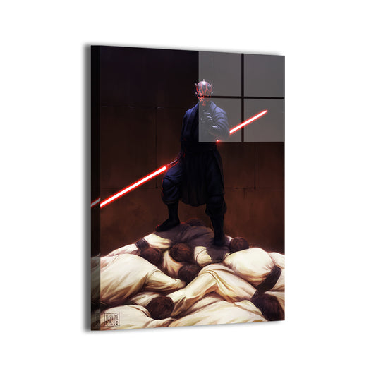 Darth Maul on pile of fallen fighters; Justine Cruz artwork; modern metallic sheen.