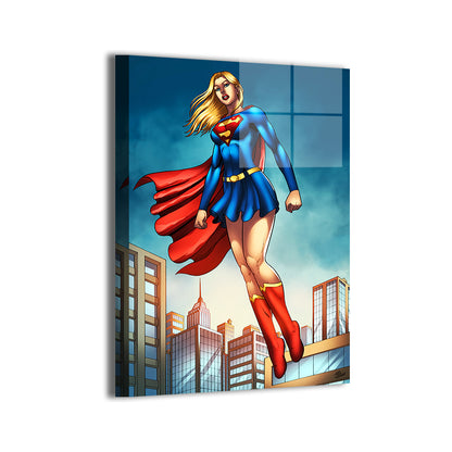 Durable aluminum print of Supergirl hovering over Metropolis with a modern satin sheen; Tiago Fernandes art, Nestor Redulla Jr. colors.