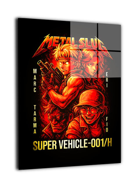 Super Vehicle Assault metal wall art showing the original Metal Slug squad in a four-panel action composition