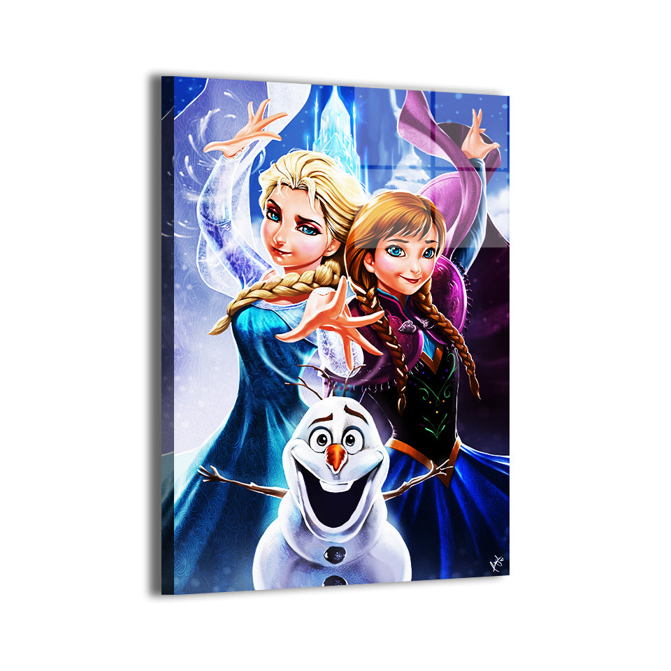 Frozen movie–inspired trio with shining ice castle on sleek metal print.