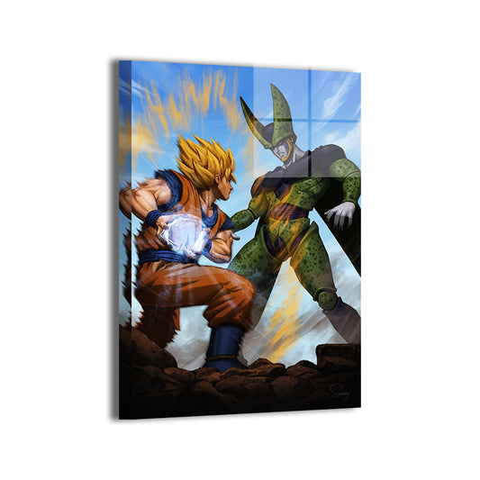 Goku vs Cell showdown DBZ artwork; metallic sheen, ready to hang.