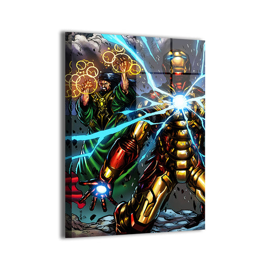Iron Man battling magic-infused opponent; metallic wall art by Balando and Omi.