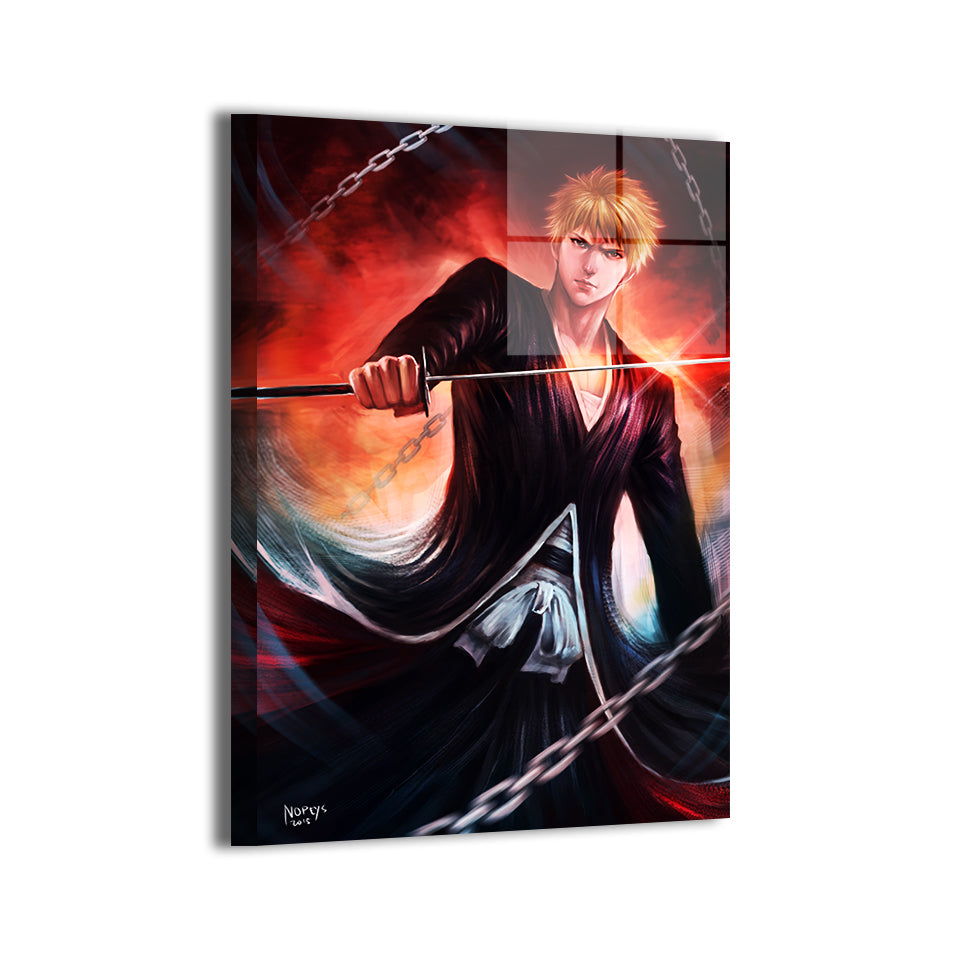 High-contrast Ichigo artwork with fiery background and chains; metal print display.