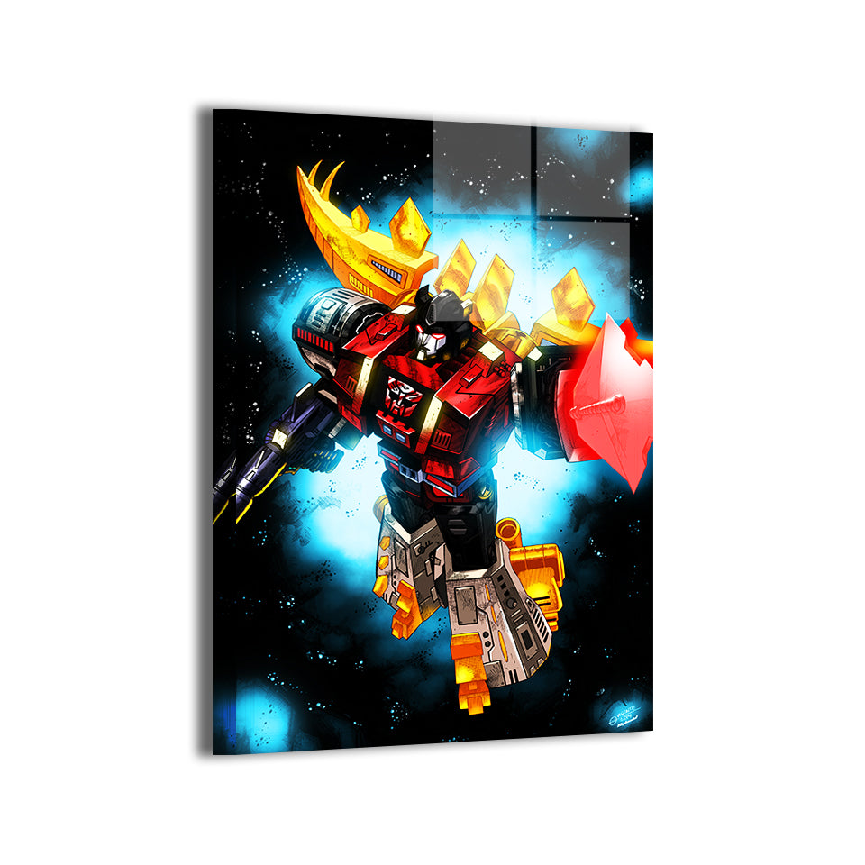 Steel Mauler Metal Print — red, gold, and steel mech hero, artwork by Geebo Vigonte with Splash Colors; modern sheen, ready to hang.
