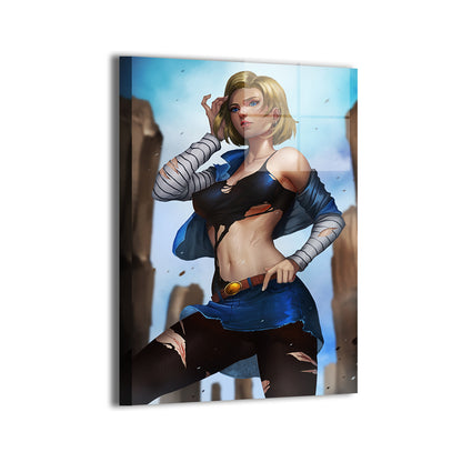 Steel Resolve Metal — Android 18 portrait with torn denim and taped fists, Dragon Ball fan art by Nopeys; modern sheen, ready to hang.