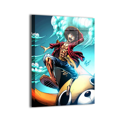 Straw Hat Leap Metal — Luffy and the Thousand Sunny figurehead, One Piece fan art by Vhon Remot, colors by Nestor Redulla Jr.; modern sheen, ready to hang.