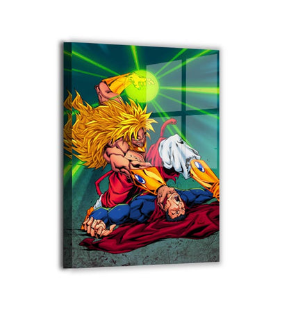 broly vs superman crossover clash by Austin Janowsky; modern metallic sheen, ready to hang.