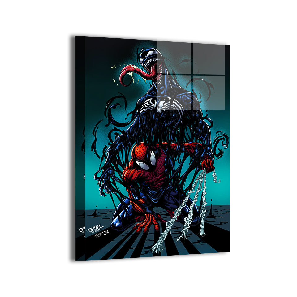 Durable aluminum print with modern sheen featuring Spider-Man vs Venom; art by Emil Cabaltierra.