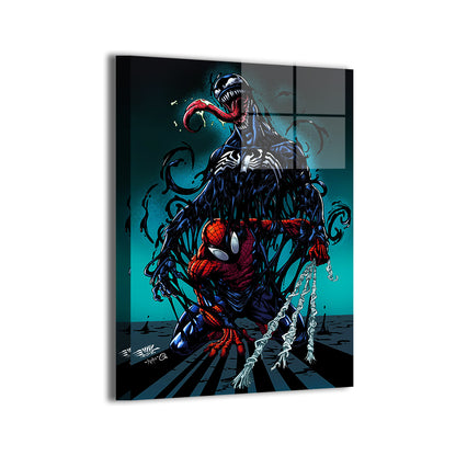 Durable aluminum print with modern sheen featuring Spider-Man vs Venom; art by Emil Cabaltierra.