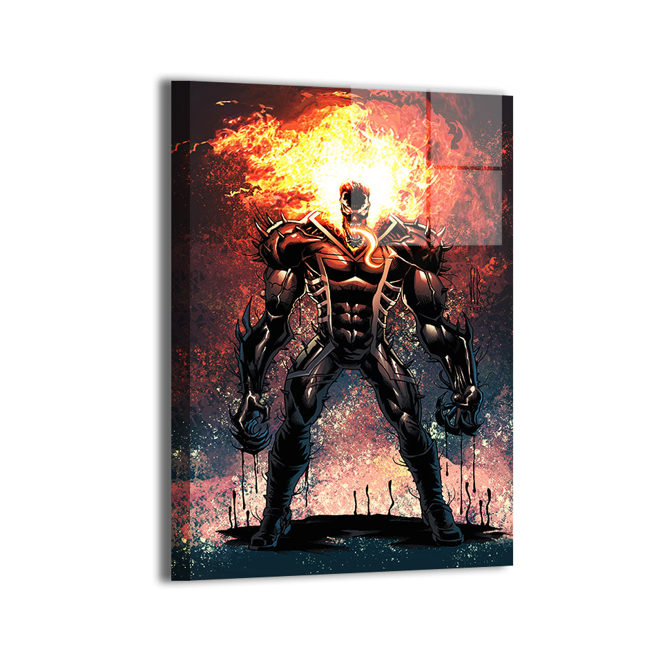 Symbiotic Vengeance Metal Print — Venomized Ghost Rider stance, artwork by Jeff Benitez; modern sheen, ready to hang.