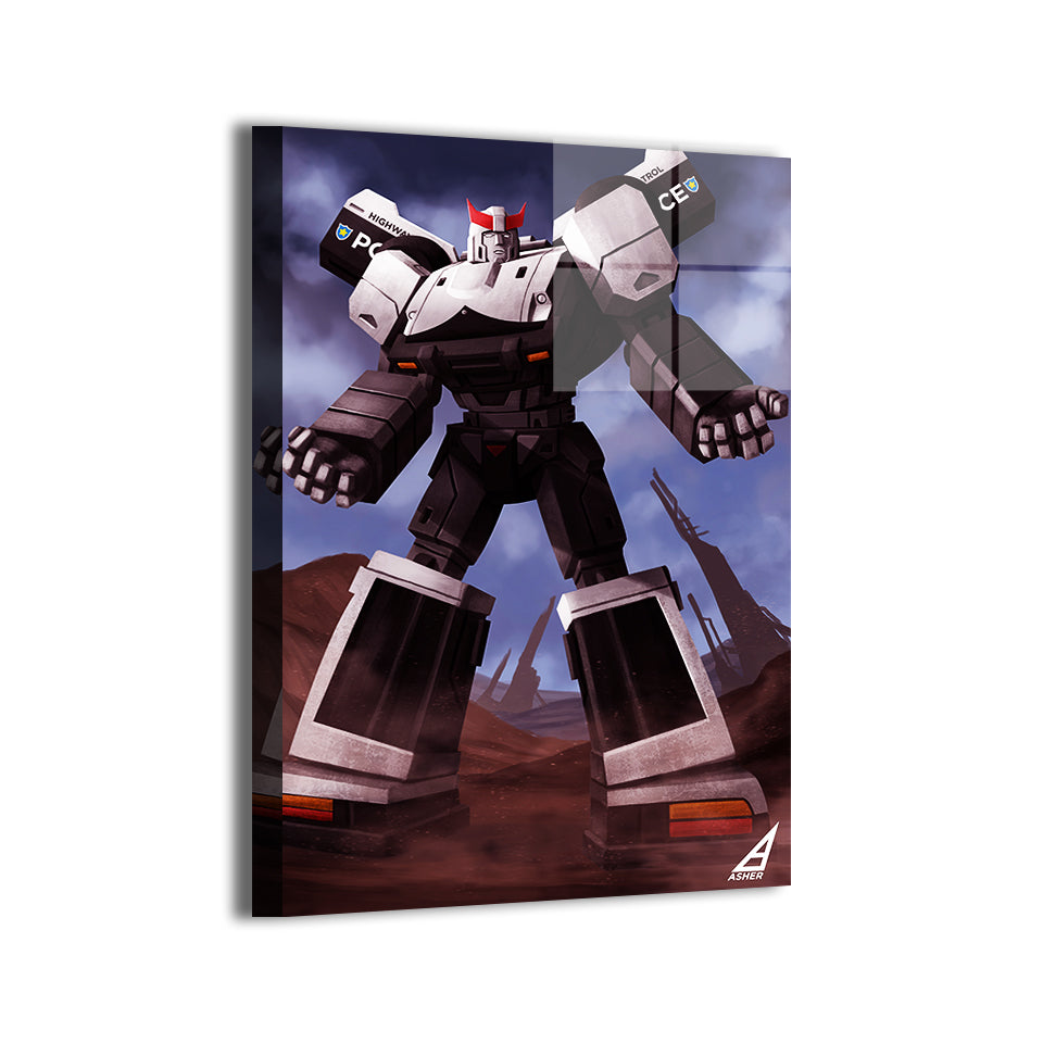 transformers prowl heroic stance by Ben Asher; modern metallic sheen, ready to hang.