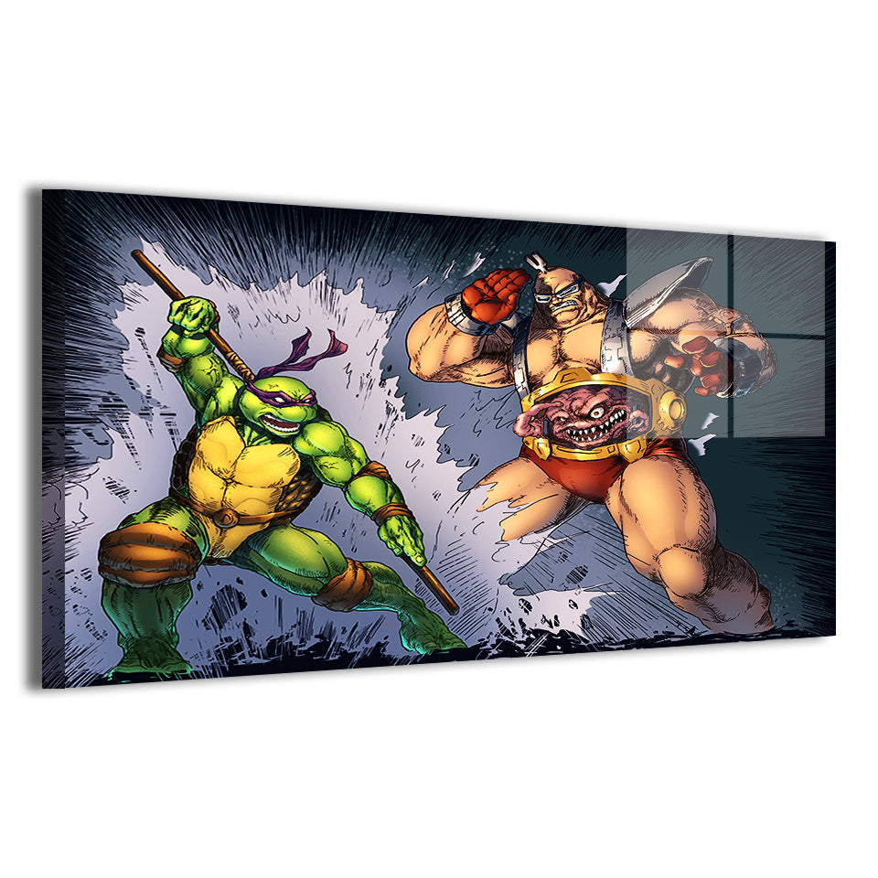 Techno Clash Metal Print — dynamic TMNT battle with shards and speed lines, artwork by Emil Cabaltierra; modern sheen, ready to hang.