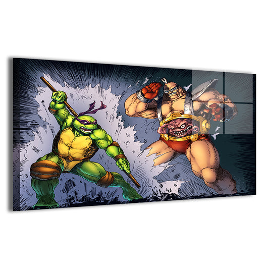 Techno Clash Metal Print — dynamic TMNT battle with shards and speed lines, artwork by Emil Cabaltierra; modern sheen, ready to hang.