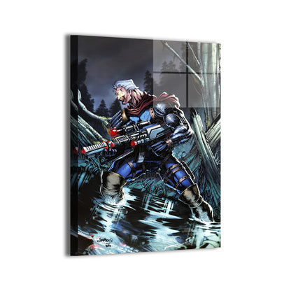 Cable holding glowing rifle in misty forest; metallic wall art by Salgado and Totz Valeza.