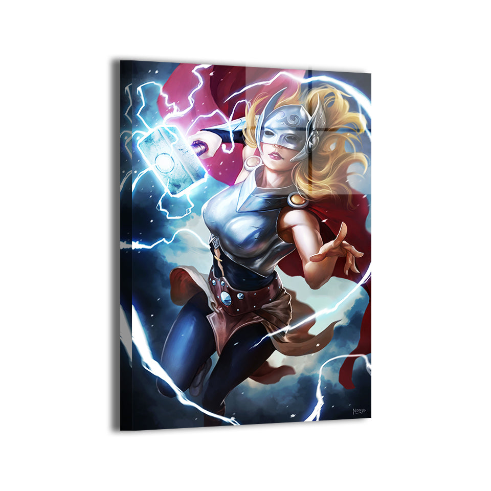 jane foster thor by nopeys; metallic shimmer, stormy backdrop, ready to hang.