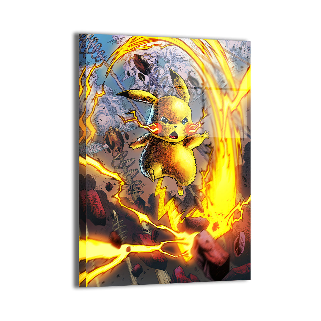 pikachu unleashing thunderbolt by Vhon Remot; modern metallic sheen, ready to hang.