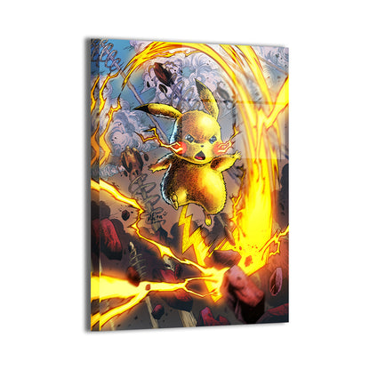 pikachu unleashing thunderbolt by Vhon Remot; modern metallic sheen, ready to hang.