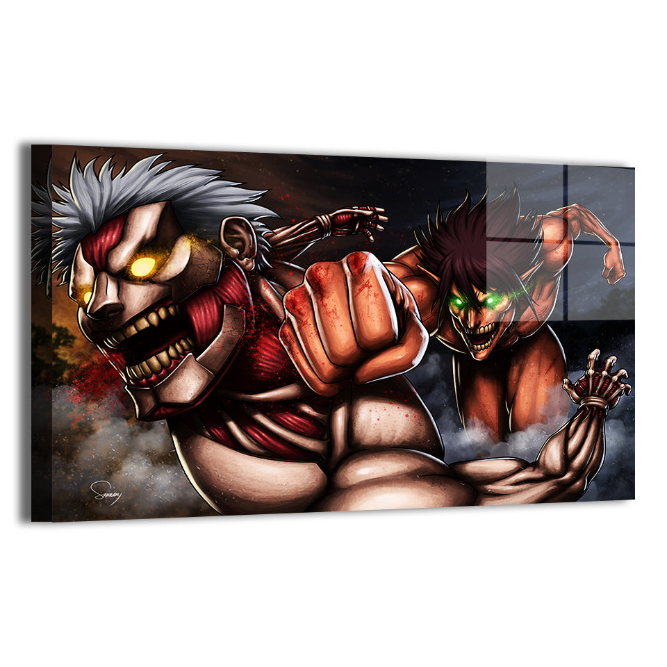 Eren vs Colossal Titan dynamic close-up; metallic sheen, ready to hang.