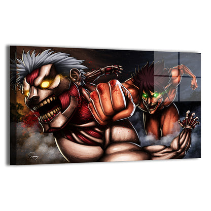 Eren vs Colossal Titan dynamic close-up; metallic sheen, ready to hang.