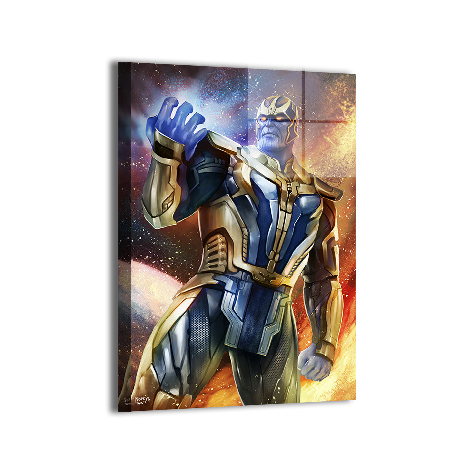 Titan Conqueror Metal Print — Thanos portrait with celestial glow; artwork by Nopeys; modern metallic sheen, ready to hang.