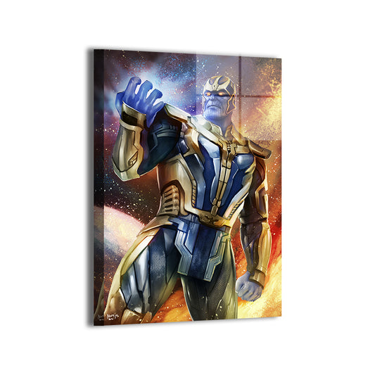 Titan Conqueror Metal Print — Thanos portrait with celestial glow; artwork by Nopeys; modern metallic sheen, ready to hang.