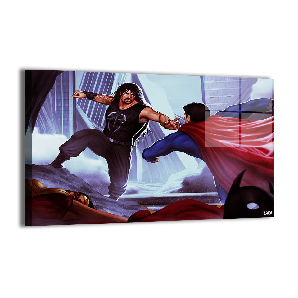 man of steel cape and tribal chief clash in city ruins by Ben Asher; metallic sheen.