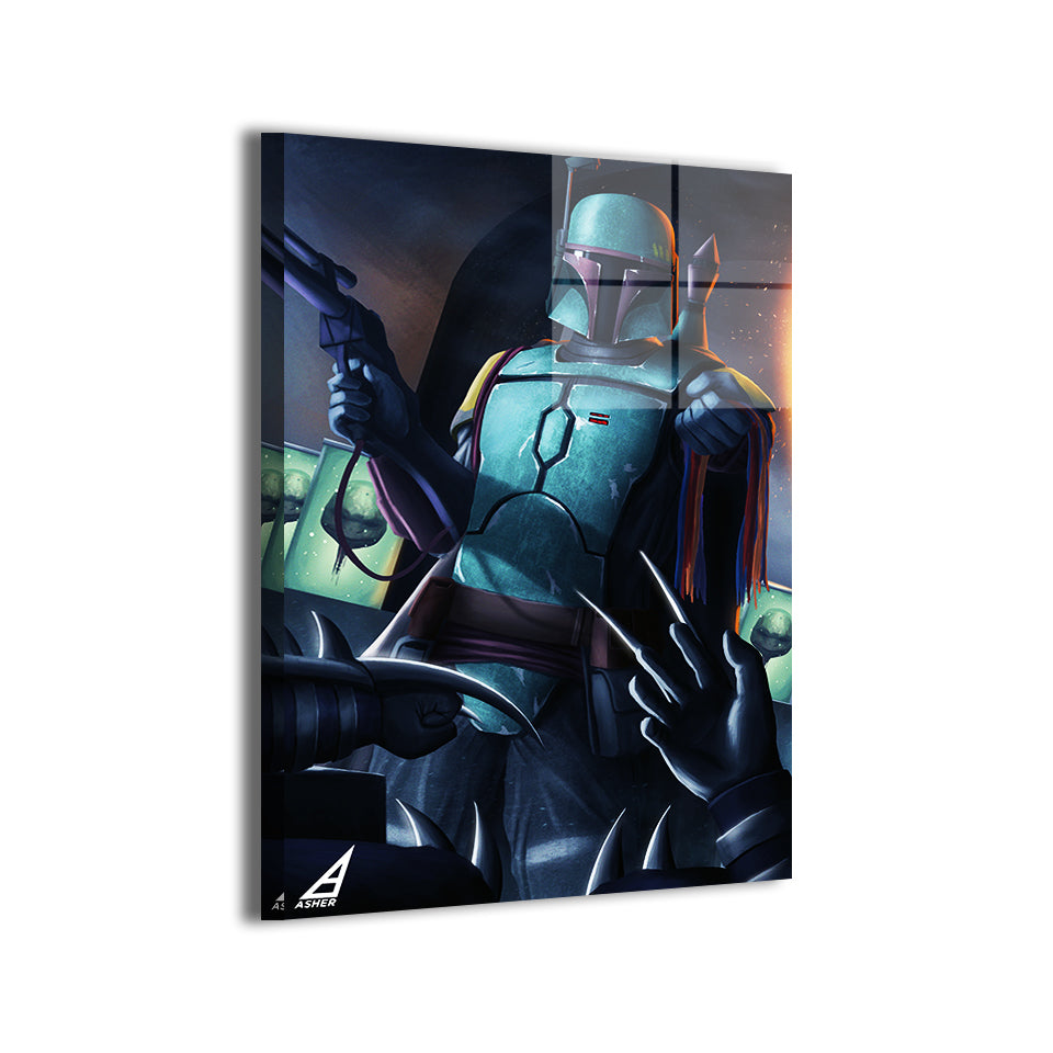 boba inspired hunter facing shredder silhouette with glowing backlight; metallic sheen.