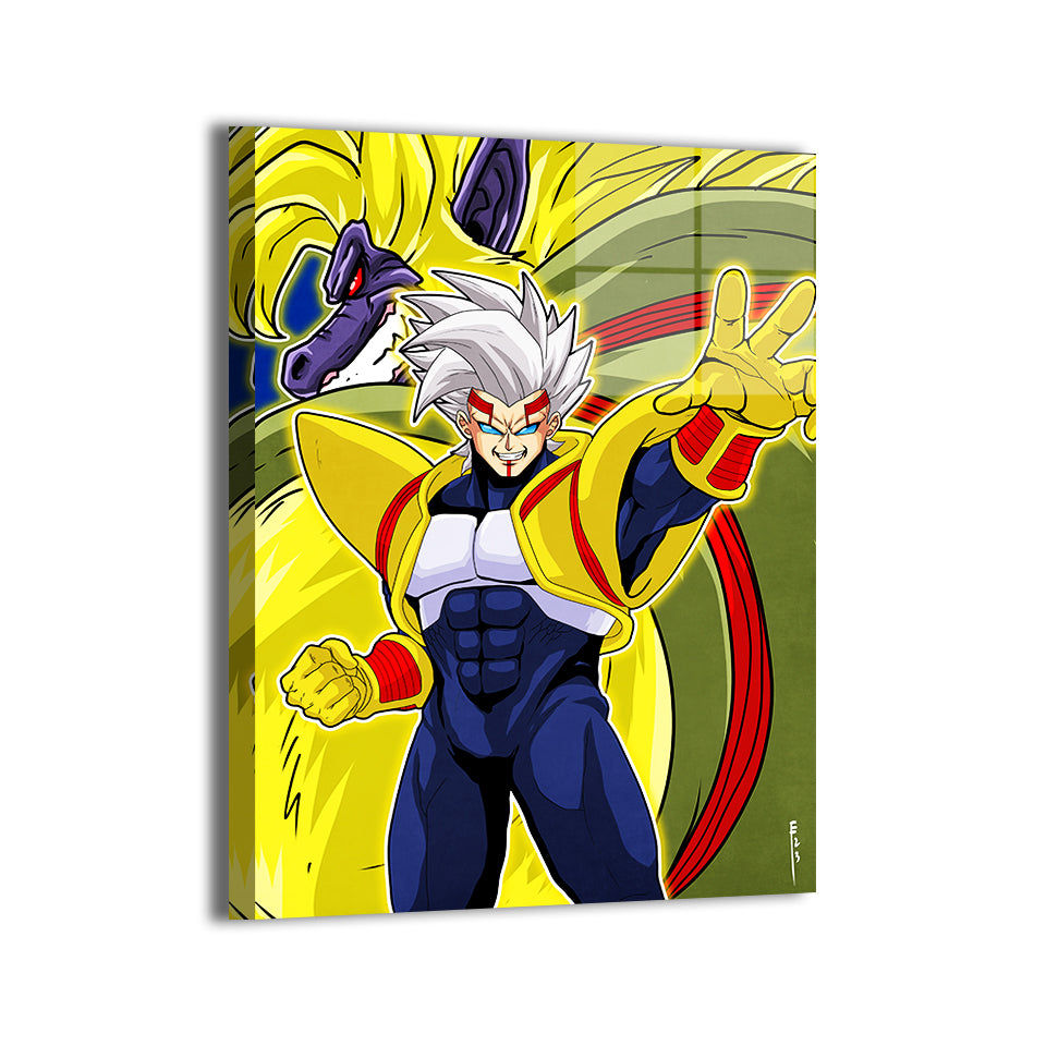 Baby Vegeta in armor with bright yellow aura by Emmanuel Centeno; modern metallic sheen.