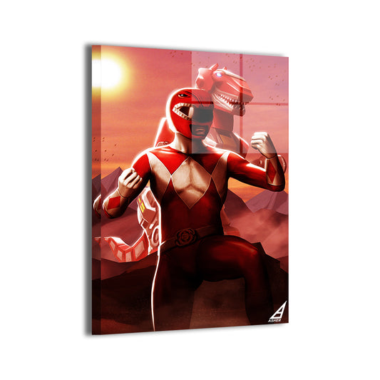 red ranger with tyrannosaurus dinozord by Ben Asher; modern metallic sheen, ready to hang.