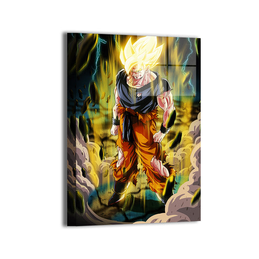 Unyielding Ascension Metal — Goku rising from shattered ground with golden aura, Dragon Ball Z fan art by Ray Dash; modern sheen, ready to hang.