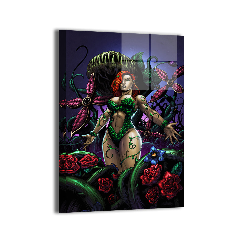 Verdant Siren Metal Print — Poison Ivy with emerald vines and thorned roses, artwork by Geebo Vigonte & Nestor Redulla Jr.; modern sheen, ready to hang.