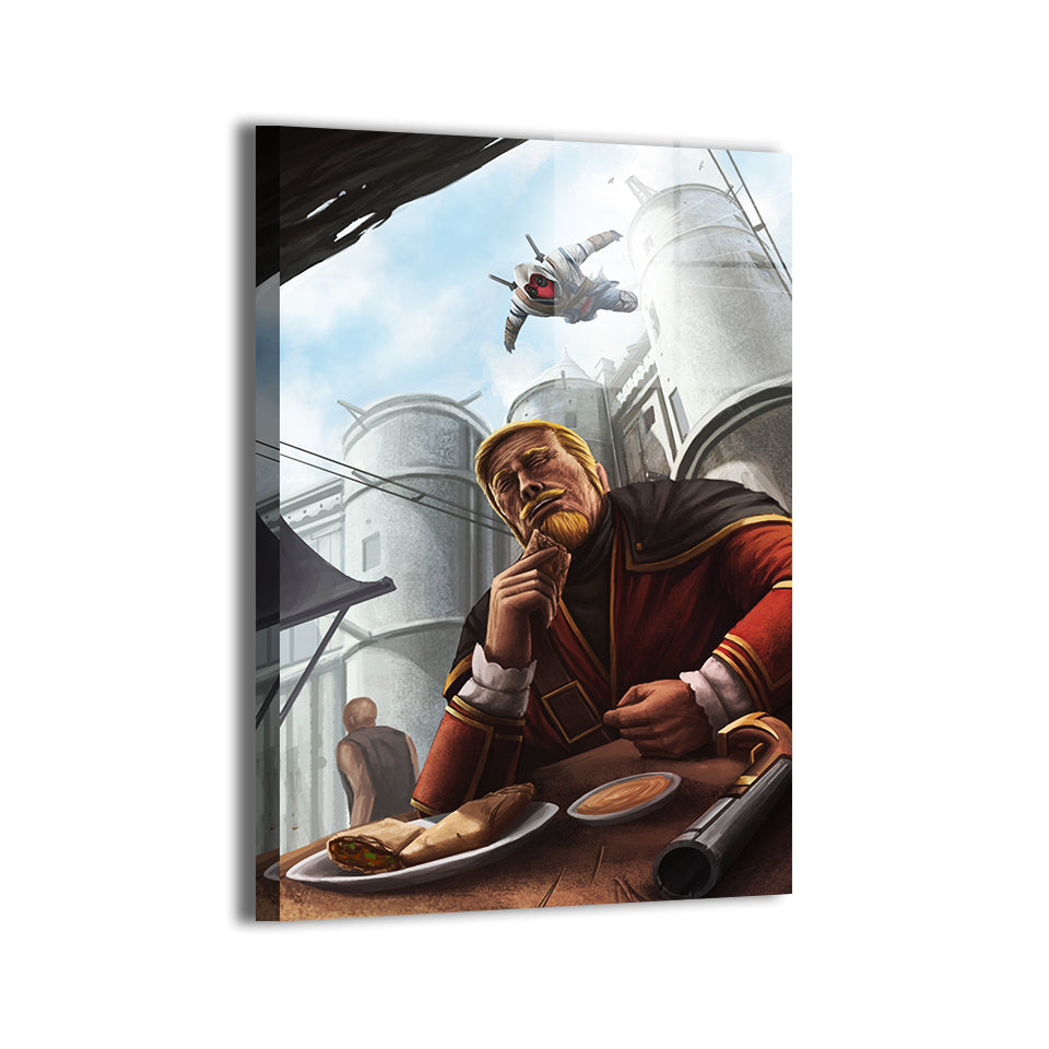 Deadpool vs medieval-style guard; Ben Asher artwork; metallic sheen.