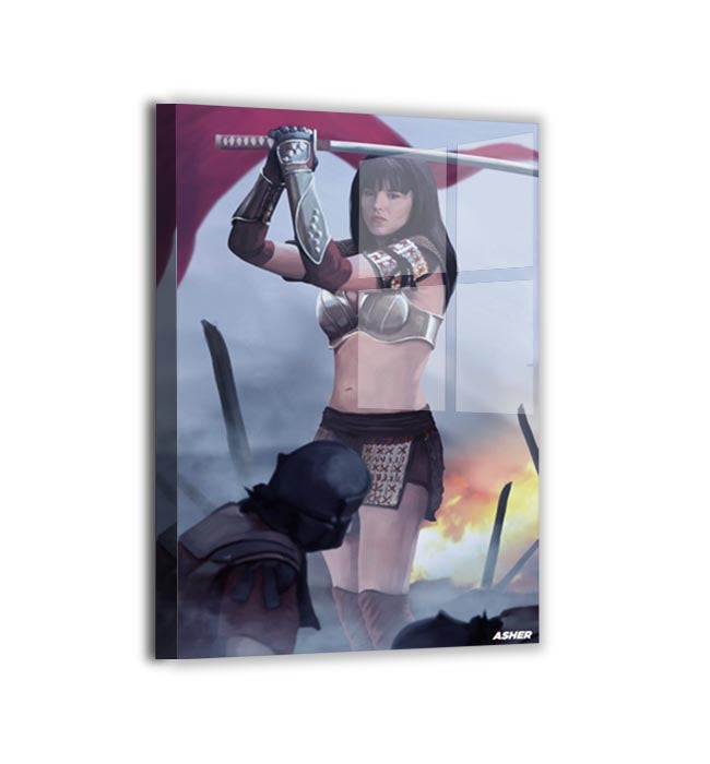 Metallic sheen emphasizing armor highlights and drifting smoke in a heroic fantasy scene.