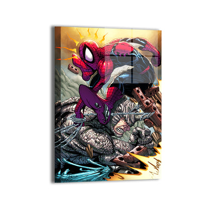 Web-Slam Showdown Metal — Spider-Man vs Rhino, artwork by Keith Curtis, colors by Nestor Redulla Jr.; modern sheen, ready to hang.