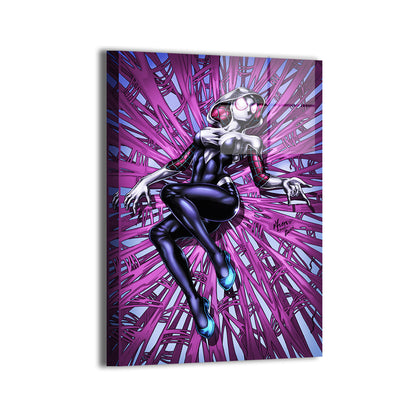 Vibrant aluminum print of Spider-Gwen in her signature pose against a violet backdrop.