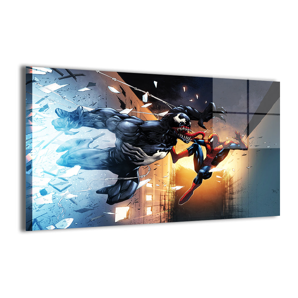 Web of Shadows Metal Print — Venom lunges as Spider-Man dodges, artwork by Don Mark Noceda with Nestor Redulla Jr.; modern sheen, ready to hang.