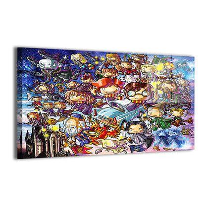 Wizarding Mayhem Metal Print — heroic and villainous chibi wizards in motion, artwork by Jeff Benitez; modern sheen, ready to hang.