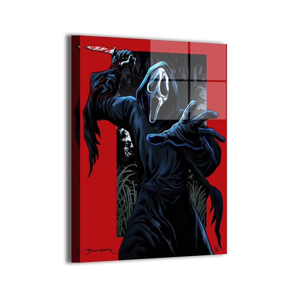  Ghostface Scream metal wall art print, slasher horror artwork by Julius Abrera with cinematic colors by Ibrahim Aydin.