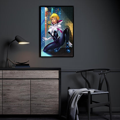 Spider-Gwen crouched in city shadows, Spider-Man in distance, 11x17 art