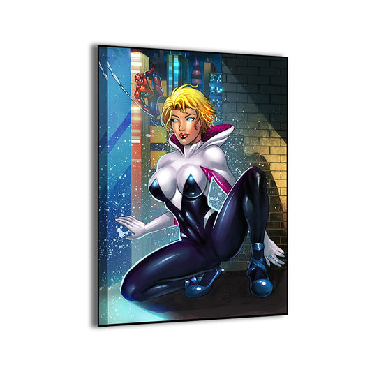 16x24 Spider-Gwen canvas print with rooftop action and city glow