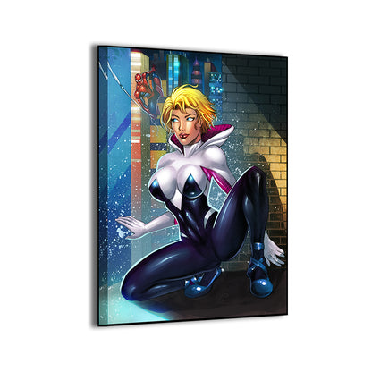  16x24 Spider-Gwen canvas print with rooftop action and city glow