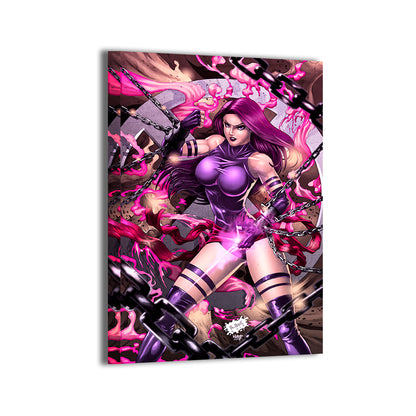 Canvas—dynamic psychic-blade pose with swirling magenta effects; Bue illustration, NAHP colors.