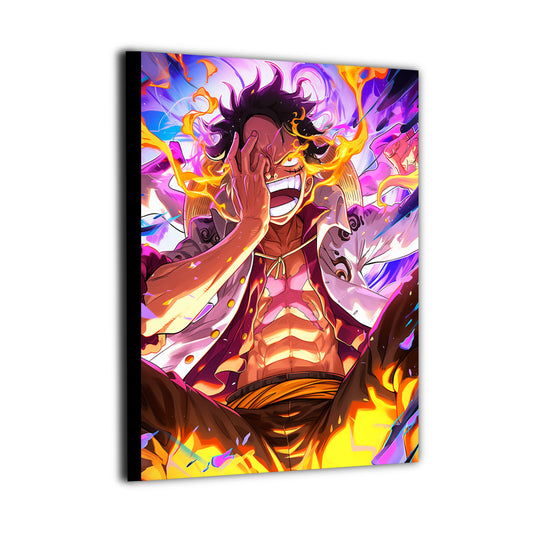 High-quality canvas wall art showcasing Monkey D. Luffy in an explosive action pose, intense expression, flowing flames, and vibrant anime illustration style.