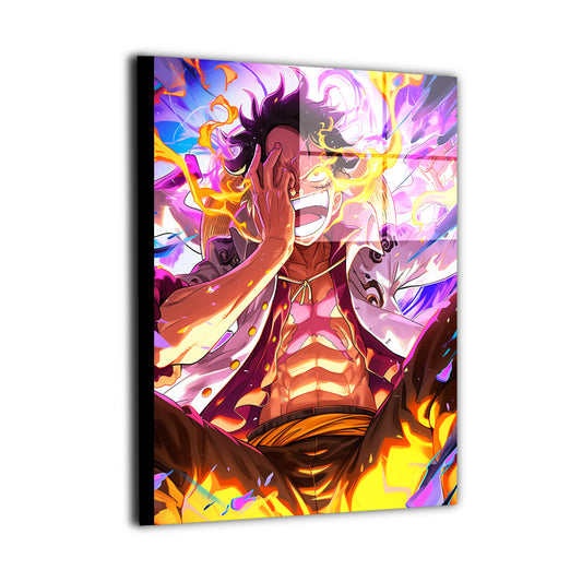 Metal wall art featuring Monkey D. Luffy in a high-impact anime composition, fiery highlights, bold contrast, and heroic pirate energy.