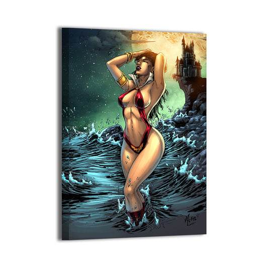 Vampirella in classic red suit under blood moon – large canvas print