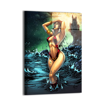Large-scale Vampirella print with gothic castle and ocean

