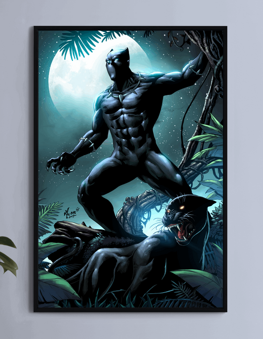 Black Panther crouched with panther companion under full moon – poster print
