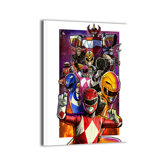 Canvas—Power Rangers team action composition with glowing cosmic backdrop.