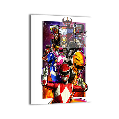 Metal—sleek metallic finish on dynamic Power Rangers group pose.